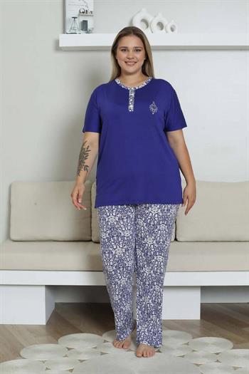 Büyük Beden Pijama Takımı - Saks Mavi Etnik Desenli Kısa Kol Likralı Rink Viskon 2865KYB