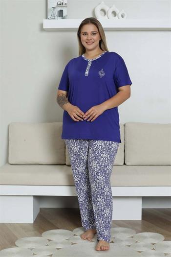Büyük Beden Pijama Takımı - Saks Mavi Etnik Desenli Kısa Kol Likralı Rink Viskon 2865KYB