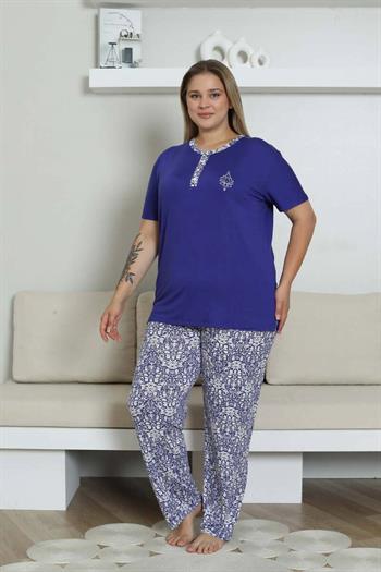 Büyük Beden Pijama Takımı - Saks Mavi Etnik Desenli Kısa Kol Likralı Rink Viskon 2865KYB