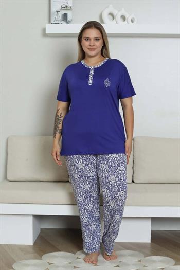 Büyük Beden Pijama Takımı - Saks Mavi Etnik Desenli Kısa Kol Likralı Rink Viskon 2865KYB