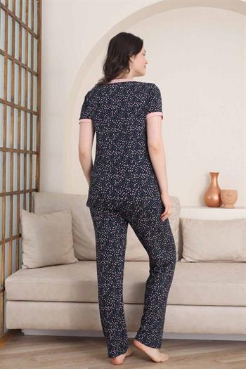 Çiçek Desenli Kadın Pijama Takımı - 3 Düğmeli Kısa Kol Likralı Viskon  2839KY