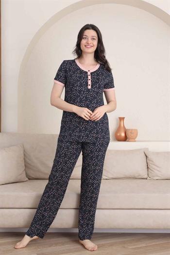 Çiçek Desenli Kadın Pijama Takımı - 3 Düğmeli Kısa Kol Likralı Viskon  2839KY