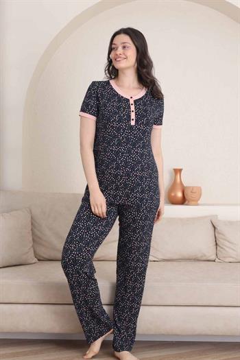 Çiçek Desenli Kadın Pijama Takımı - 3 Düğmeli Kısa Kol Likralı Viskon  2839KY