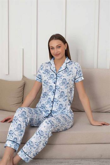 Çiçek Desenli Kadın Pijama Takımı - Boydan Düğmeli Likralı Viskon  2836KY