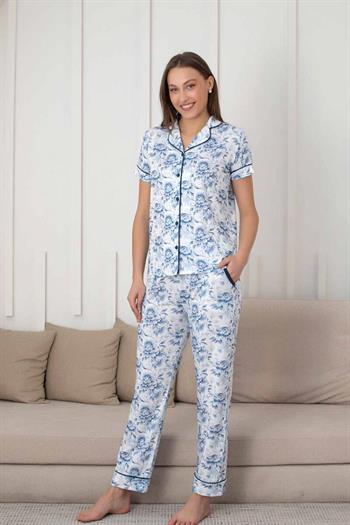 Çiçek Desenli Kadın Pijama Takımı - Boydan Düğmeli Likralı Viskon  2836KY