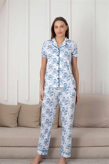 Çiçek Desenli Kadın Pijama Takımı - Boydan Düğmeli Likralı Viskon  2836KY