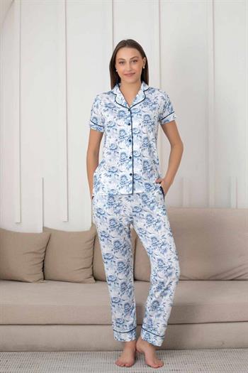 Çiçek Desenli Kadın Pijama Takımı - Boydan Düğmeli Likralı Viskon  2836KY