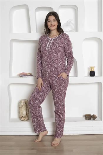 Çiçek Desenli Kadın Pijama Takımı - Likralı Penye Uzun Kollu 2809UKL