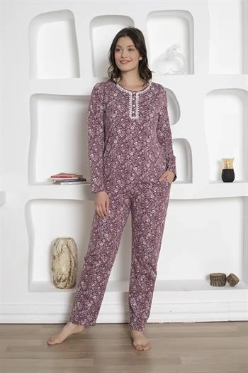 Çiçek Desenli Kadın Pijama Takımı - Likralı Penye Uzun Kollu 2809UKL