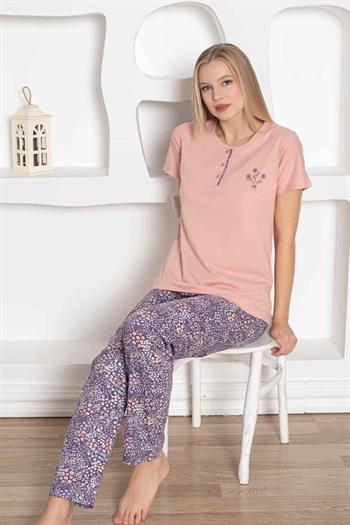 Çiçek Desenli Kadın Pijama Takımı - Pudra Nakışlı Penye Kısa Kollu 2767KY