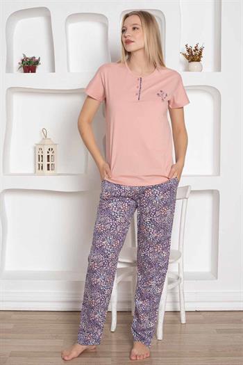 Çiçek Desenli Kadın Pijama Takımı - Pudra Nakışlı Penye Kısa Kollu 2767KY