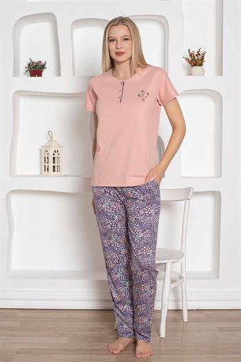 Çiçek Desenli Kadın Pijama Takımı - Pudra Nakışlı Penye Kısa Kollu 2767KY