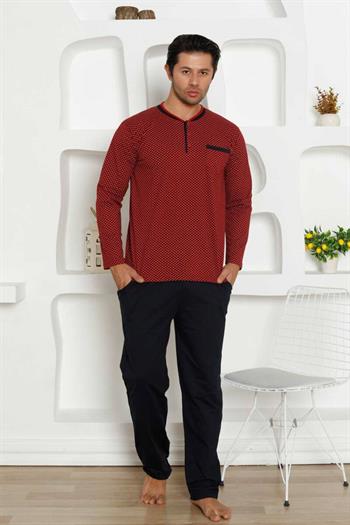 Çıpa Desenli Erkek Pijama Takımı - Bordo Penye Uzun Kollu 1208UY