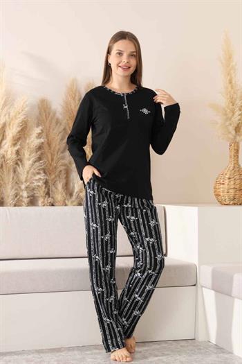 Çizgili Kadın Pijama Takımı - Siyah Nakışlı Uzun Kollu Likralı Pamuk 2883UK