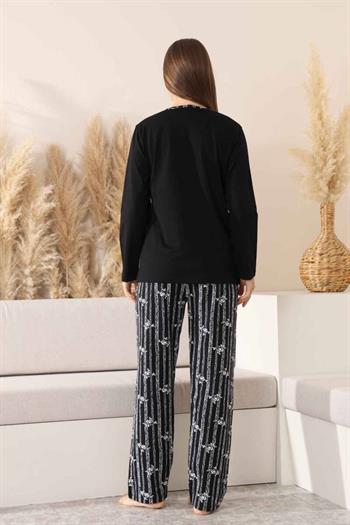 Çizgili Kadın Pijama Takımı - Siyah Nakışlı Uzun Kollu Likralı Pamuk 2883UK