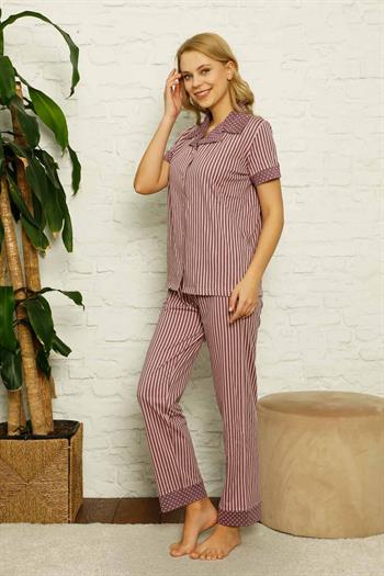 Çizgili Önden Düğmeli Kısa Kollu Bayan Pijama Takımı 2620KY