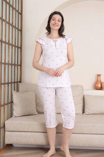 Desenli Kadın Pijama Takımı - Kiraz Fırfırlı kol Likralı Viskon Bermuda 2840B