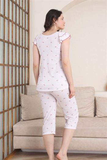 Desenli Kadın Pijama Takımı - Kiraz Fırfırlı kol Likralı Viskon Bermuda 2840B