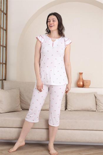 Desenli Kadın Pijama Takımı - Kiraz Fırfırlı kol Likralı Viskon Bermuda 2840B
