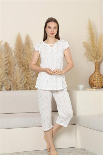 Desenli Kadın Pijama Takımı - Kelebek Fırfırlı kol Likralı Viskon Bermuda 2840B