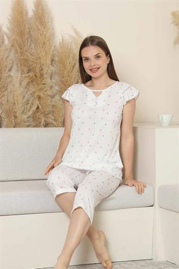 Desenli Kadın Pijama Takımı - Kelebek Fırfırlı kol Likralı Viskon Bermuda 2840B