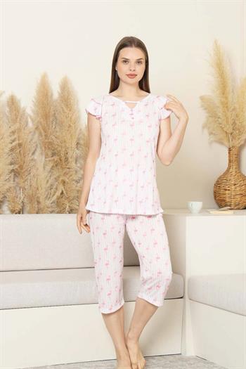 Desenli Kadın Pijama Takımı - Kuğu Fırfırlı kol Likralı Viskon Bermuda 2840B