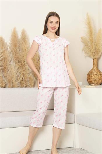 Desenli Kadın Pijama Takımı - Kuğu Fırfırlı kol Likralı Viskon Bermuda 2840B