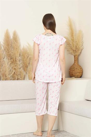 Desenli Kadın Pijama Takımı - Kuğu Fırfırlı kol Likralı Viskon Bermuda 2840B