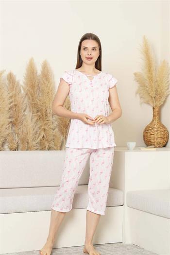 Desenli Kadın Pijama Takımı - Kuğu Fırfırlı kol Likralı Viskon Bermuda 2840B