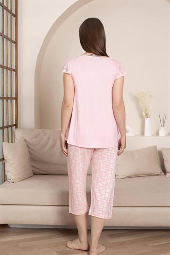 Desenli Kadın Pijama Takımı - Papatya Kareli Likralı Viskon Bermuda 2864B