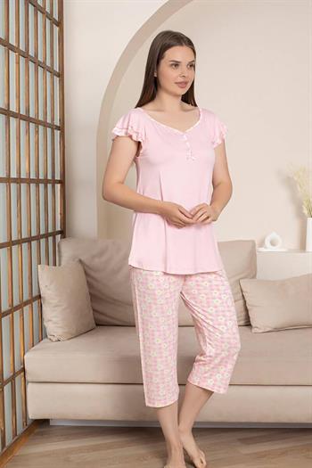 Desenli Kadın Pijama Takımı - Papatya Kareli Likralı Viskon Bermuda 2864B