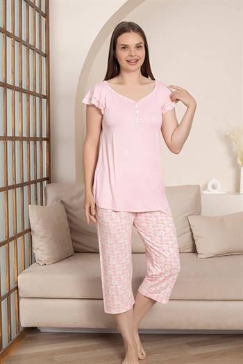 Desenli Kadın Pijama Takımı - Papatya Kareli Likralı Viskon Bermuda 2864B