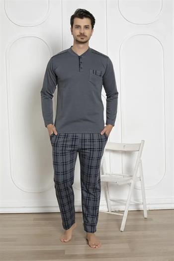Ekoseli Erkek Pijama Takımı - Füme Kışlık Jakarlıİnterlok 1211UK