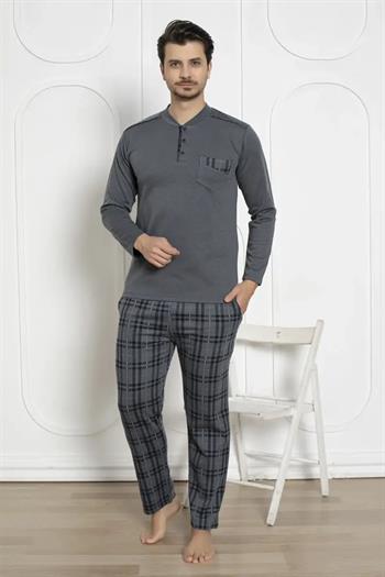Ekoseli Erkek Pijama Takımı - Füme Kışlık Jakarlıİnterlok 1211UK