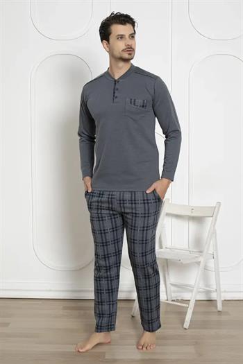 Ekoseli Erkek Pijama Takımı - Füme Kışlık Jakarlıİnterlok 1211UK