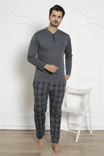 Ekoseli Erkek Pijama Takımı - Füme Kışlık Jakarlıİnterlok 1211UK