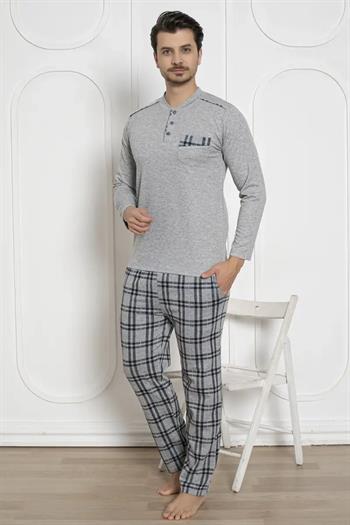 Ekoseli Erkek Pijama Takımı - Gri Kışlık Jakarlı İnterlok 1211UK