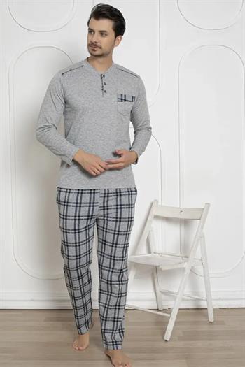 Ekoseli Erkek Pijama Takımı - Gri Kışlık Jakarlı İnterlok 1211UK