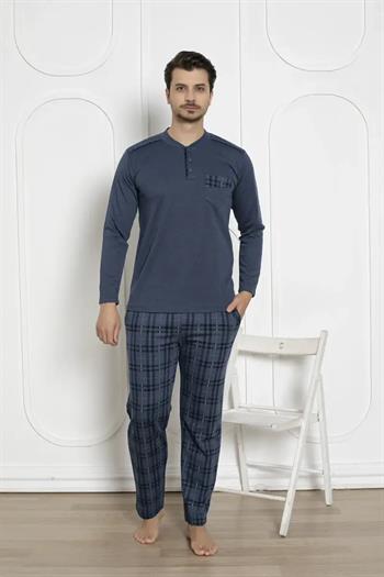 Ekoseli Erkek Pijama Takımı - İndigo Kışlık Jakarlı İnterlok 1211UK