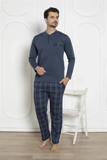 Ekoseli Erkek Pijama Takımı - İndigo Kışlık Jakarlı İnterlok 1211UK