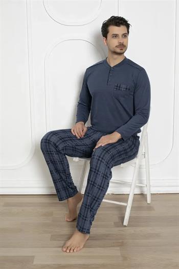 Ekoseli Erkek Pijama Takımı - İndigo Kışlık Jakarlı İnterlok 1211UK