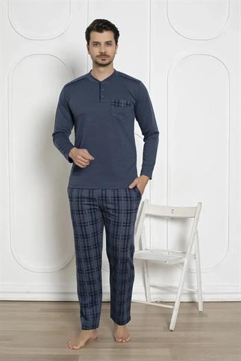 Ekoseli Erkek Pijama Takımı - İndigo Kışlık Jakarlı İnterlok 1211UK