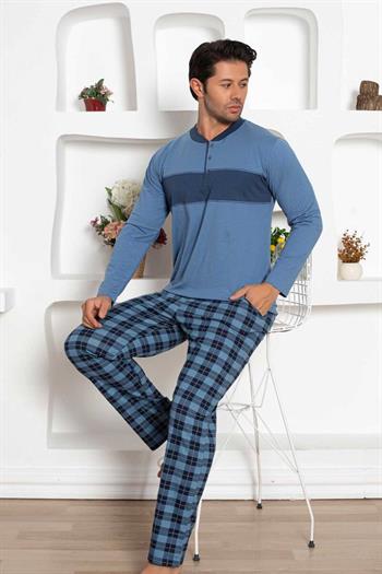 Ekoseli Erkek Pijama Takımı - İndigo Uzun Kollu Penye 1185UY