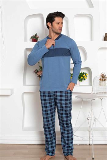 Ekoseli Erkek Pijama Takımı - İndigo Uzun Kollu Penye 1185UY