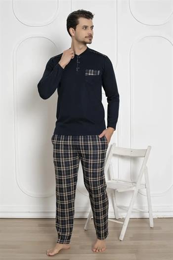 Ekoseli Erkek Pijama Takımı - Lacivert Kışlık Jakarlı İnterlok 1211UK