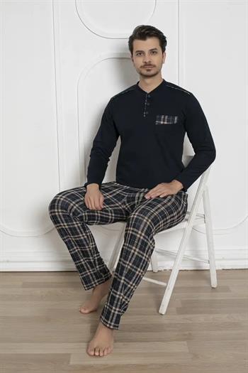 Ekoseli Erkek Pijama Takımı - Lacivert Kışlık Jakarlı İnterlok 1211UK