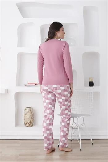 Ekoseli Kadın Pijama Takımı - Gülkurusu Likralı Penye 2813UKL