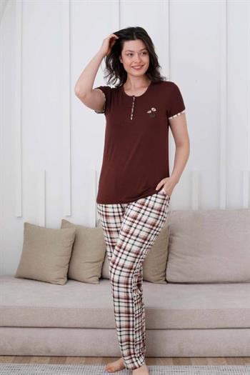 Ekoseli Kadın Pijama Takımı - Kahverengi Nakışlı Likralı Kısa Kollu 2834KY