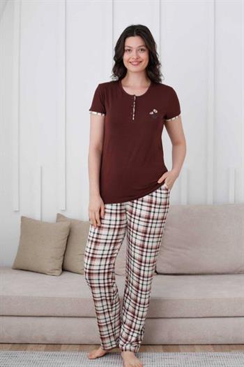 Ekoseli Kadın Pijama Takımı - Kahverengi Nakışlı Likralı Kısa Kollu 2834KY