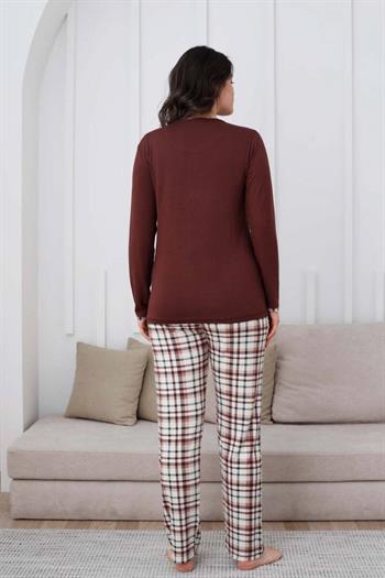 Ekoseli Kadın Pijama Takımı - Kahverengi Nakışlı Likralı Uzun Kollu 2834UY